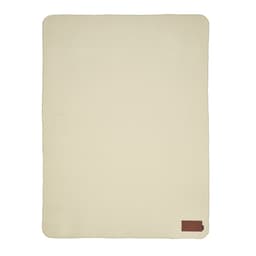 A beige blanket made from rPET, featuring a customisable patch and a small logo on one corner.