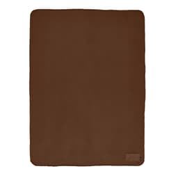 A brown blanket with a customisable patch and a logo on a corner. Soft fabric, ideal for promotional use.