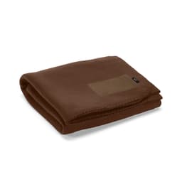 A brown blanket with a customisable patch, made from rPET and weighing 180 gsm, folded neatly.