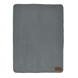 A grey blanket made from rPET, featuring a customisable patch and a textured surface. It has a branding logo.