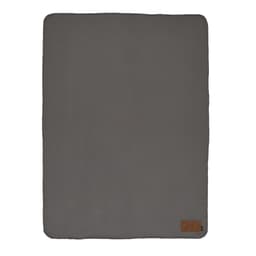 A grey blanket made from rPET material, featuring a customisable patch and a small branding label.