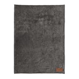 A grey blanket with a soft texture and a small brown patch, featuring a logo.