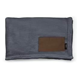 A grey blanket made from rPET with a customisable brown patch and a small brand logo.