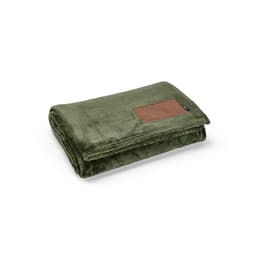 A folded, olive green blanket made from rPET, featuring a customisable patch and a logo.