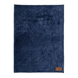 A navy blue blanket made from rPET material, featuring a customisable patch and a textured finish.