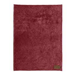 A soft, burgundy blanket with a customisable patch on the bottom corner. It has a cosy, plush texture.