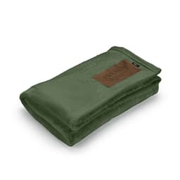 A folded green blanket made from rPET fabric, featuring a customisable patch.