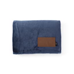A navy blue blanket made from rPET, featuring a customisable brown patch and a branding label.