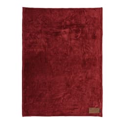 A plush maroon blanket featuring a customisable patch and a logo in the corner.