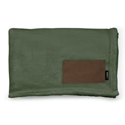 A soft, olive green blanket with a brown customisable patch and a branding label.