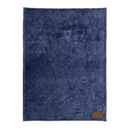 A navy blue fleece blanket with a customisable patch and a small branding label in the corner.