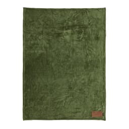 A green blanket featuring a soft texture and a customisable patch on one corner.