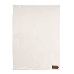 A cream-coloured blanket made from rPET with a customisable patch and a brown logo tag.