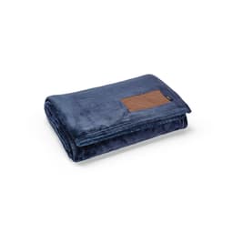 A folded navy blue blanket made from rPET fabric, featuring a customisable patch.