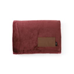 A burgundy blanket made from rPET fabric with a brown customisable patch. It features a logo.