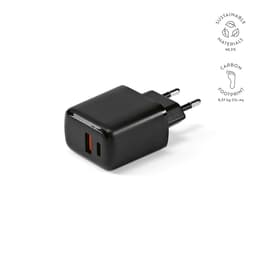 A black wall charger with USB-C and USB-A ports, featuring a compact design and a logo.