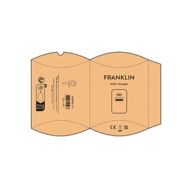 A cream-coloured packaging for a Franklin wall charger featuring USB-C and USB-A ports, with a simple logo.