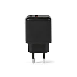 A black wall charger with a USB-C and USB-A port, featuring two pin connectors for power supply.