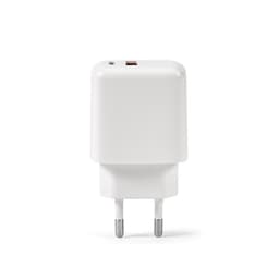 A white wall charger with USB-C and USB-A ports, featuring a two-pin plug and a simple design.