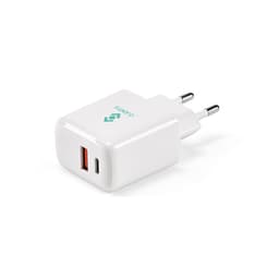 A white wall charger featuring one USB-C and one USB-A port, with a simple, modern design and a logo.