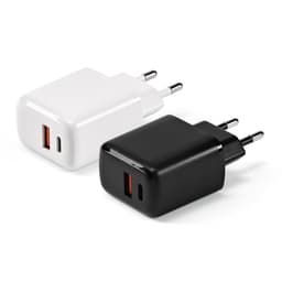 A white and a black wall charger are displayed, featuring a USB-C and USB-A port. Both have a compact design.
