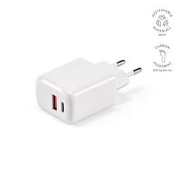 A white wall charger featuring USB-C and USB-A ports, with a logo indicating sustainable materials.