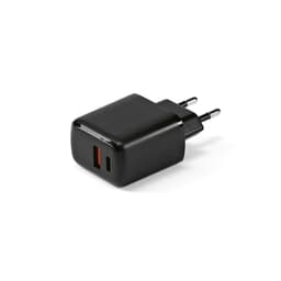 A black wall charger with USB-C and USB-A ports, featuring a two-prong plug and a small logo on the side.