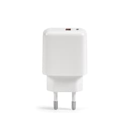 A white wall charger with two prongs, featuring a USB-C and USB-A port. The charger has a minimalist design.