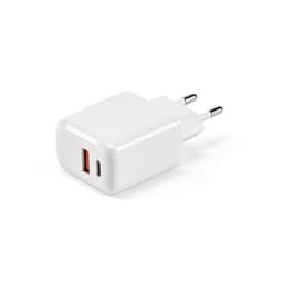 A white wall charger featuring USB-C and USB-A ports for fast charging, with a simple design and two prongs.