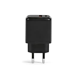 A black wall charger featuring USB-C and USB-A ports with two flat prongs for connection.