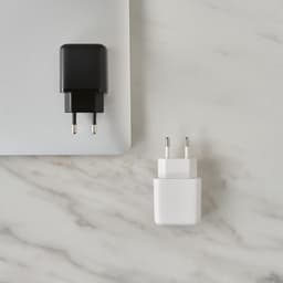 Two wall chargers sit on a marble surface. One is black, and the other is white, each with two prongs.