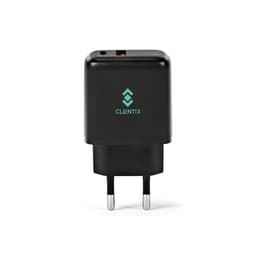 A black wall charger with USB-C and USB-A ports, featuring a logo on the front.
