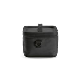 A black cooler bag with a square shape and a zippered closure, featuring a carry handle and a loop for attachment.