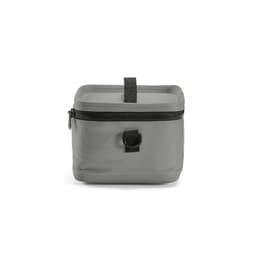 A grey cooler bag with a square shape, featuring a black zipper and a sturdy handle on top.