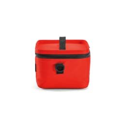 A red cooler bag with a zipper and black detailing, featuring a handle on top for easy carrying.