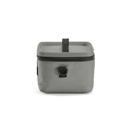 A cooler bag in grey with a square shape and a zippered opening. It features thermo-injected zippers and a handle.