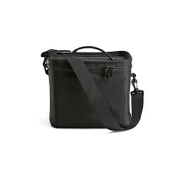A black cooler bag with a handle and adjustable shoulder strap, featuring thermo-injected zippers.