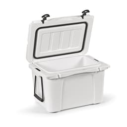 A 35L white cooler with an open lid, featuring a black handle and a logo on the side.