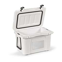 A 35L white cooler with an open lid, featuring a metal plate for customisation and sturdy handles.