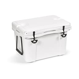 A white 35L cooler with a cooler lid, featuring a black carrying handle and metal plate for customisation.