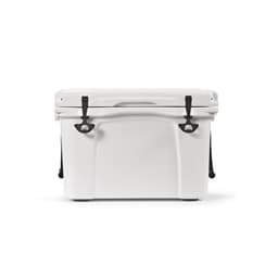 A white 35L cooler with black fasteners and a metal plate for customisation. It features a sturdy design.
