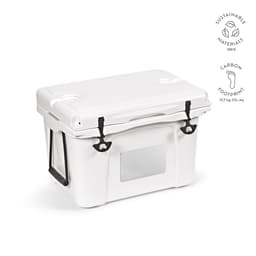 A white 35L cooler featuring black latches and a customised metal plate area, made from sustainable materials.