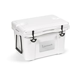 A white cooler with a grey customisable metal plate, featuring black latches and a sturdy handle.