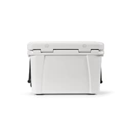 A white cooler with a lid, featuring side handles and a detachable metal plate for customisation.