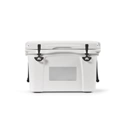 A white cooler with a lid, side handles, and a clear panel for customisation. It includes branding elements.