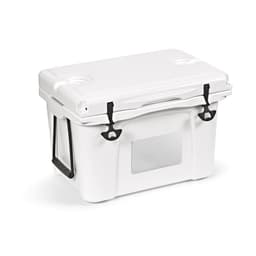 A white 35L cooler with a lid, carrying handle, and black latches, featuring a spot for a customisable metal plate.