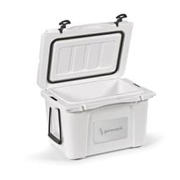 A white cooler with a lid, featuring a customisable metal plate and side handles.
