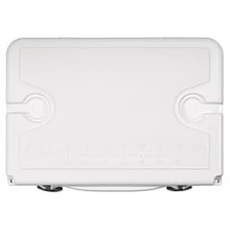 A white cooler with a flat top, featuring a durable design and a space for a customisable metal plate.