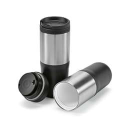 A drink bottle featuring an orange triple wall design with a stainless steel and black base, equipped with a lid.