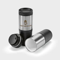 A drink bottle in orange and stainless steel with a leakproof lid and a logo. Triple wall design for insulation.